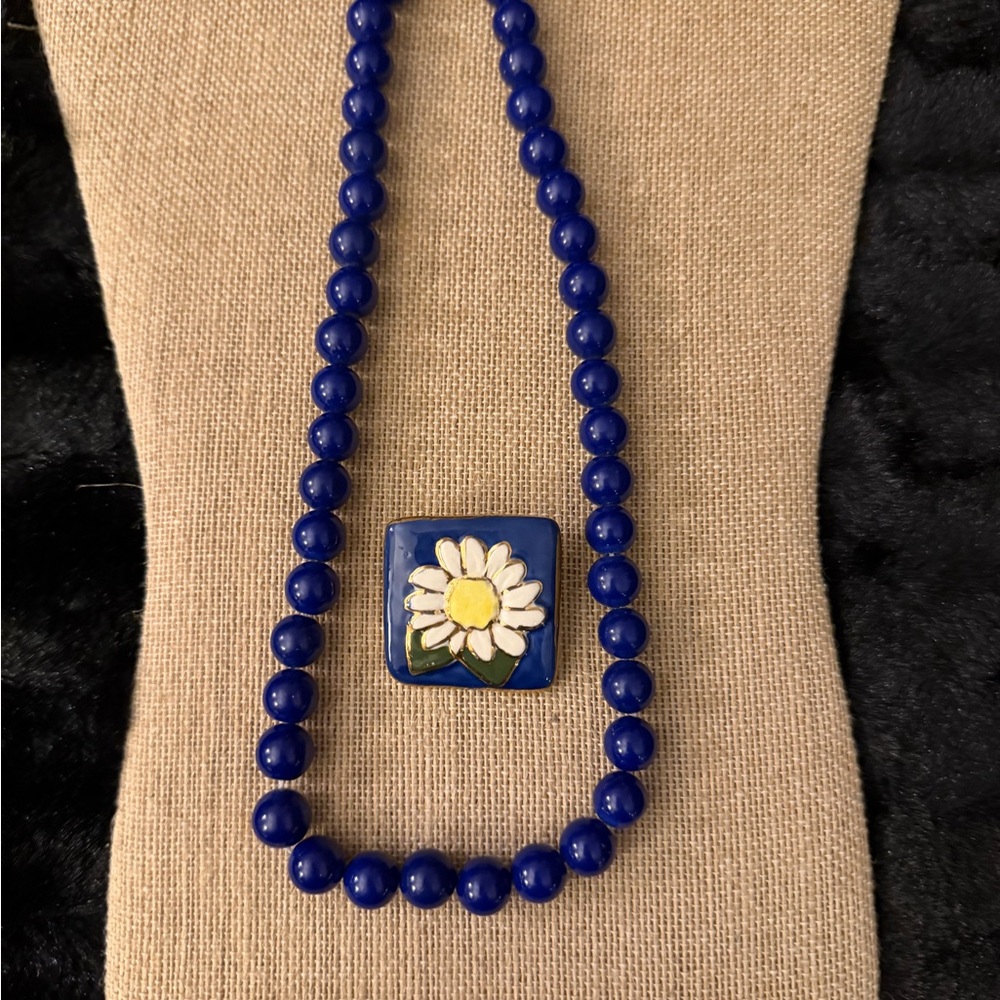Vintage Blue Beaded Necklace with Enamel Flower Pendant